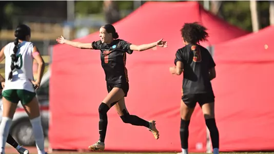 Brooklyn Courtnall celebrates after scoring a PK against Sacramento State in the first round of the NCAA Tournament.