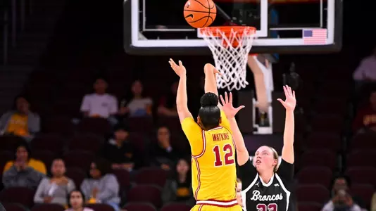 JuJu Watkins rises up fora shot over a Santa Clara defender at Galen Center