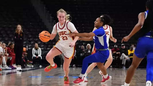 Avery Howell drives against Seton Hall at Acrisure Arena