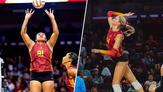 Split graphic of Mia Tuaniga setting and Ally Batenhorst attacking to celebrate their selections for AVCA All-Region honors