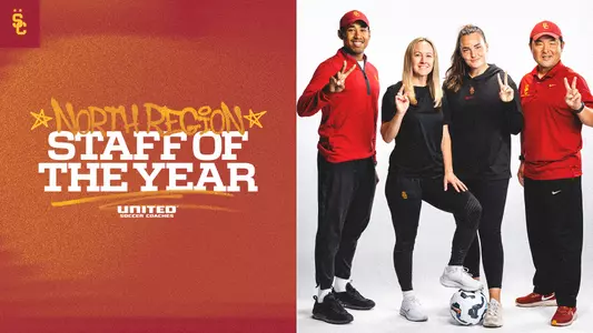 USC women's soccer coaches pose for a photo on a graphic celebrating their award for North Region Staff of the Year