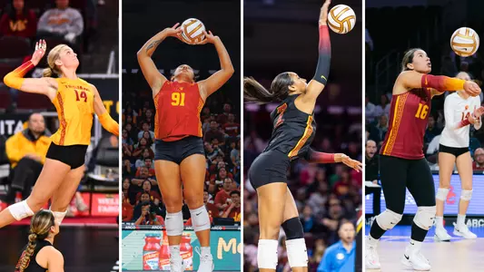 A four-panel graphic with outside hitter Ally Batenhorst attacking, setter Mia Tuaniga setting, middle blocker Leah Ford attacking, and libero Gala Trubint passing the ball to celebrate Big Ten postseason awards
