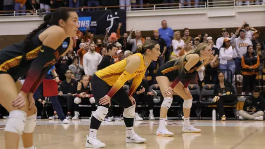 Paisley Douglas, Gala Trubint and Ally Batenhorst wait to receive the ball in the NCAA Tournament
