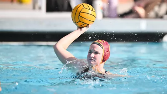 Morgan Netherton looks to pass in a scrimmage at Uytengsu Aquatics Center