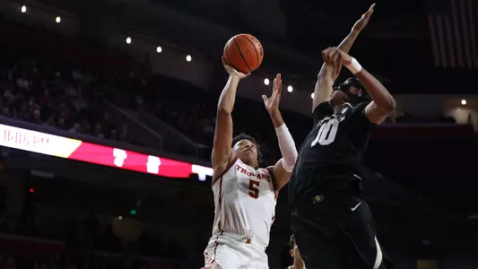 USC Trojans Basketball guard Boogie Ellis shoots over Colorado Buffaloes