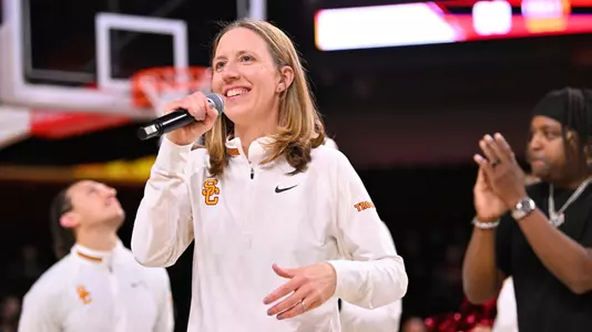 Lindsay Gottlieb addressed the crowd after a USC win at Galen Center