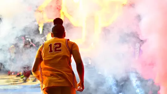JuJu Watkins runs onto the court at the Pac-12 semifinals in Las Vegas