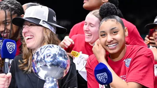 Lindsay Gottlieb and JuJu Watkins on set with Pac-12 Networks
