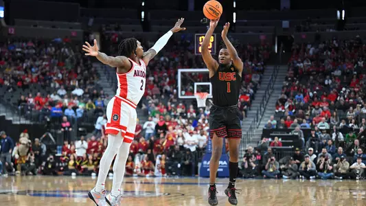 USC Trojans Basketball guard Isaiah Collier shoots over Arizona Wildcats at Pac-12 Tournament