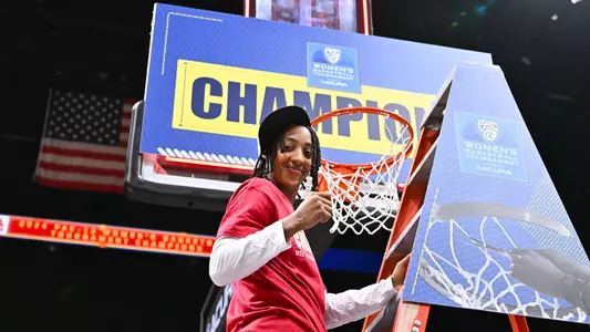 Aaliyah Gayles celebrates USC Trojans Women's Basketball winning Pac-12 Tournament championship
