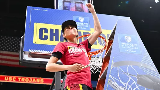 Kayla Padilla celebrates USC Trojans Women's Basketball winning Pac-12 Tournament championship