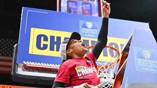 Kayla Williams celebrates USC Trojans Women's Basketball winning Pac-12 Tournament championship