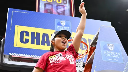 Malia Samuels celebrates USC Trojans Women's Basketball winning Pac-12 Tournament championship
