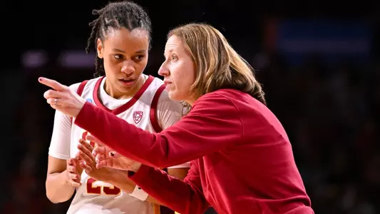 Lindsay Gottlieb talks to McKenzie Forbes during the NCAA First Round at Galen Center