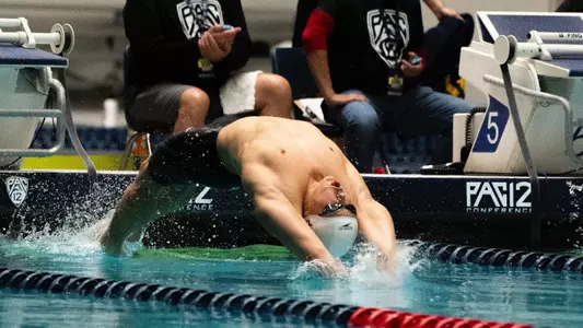 Mark McCrary of USC Swim prepares for a backstroke start