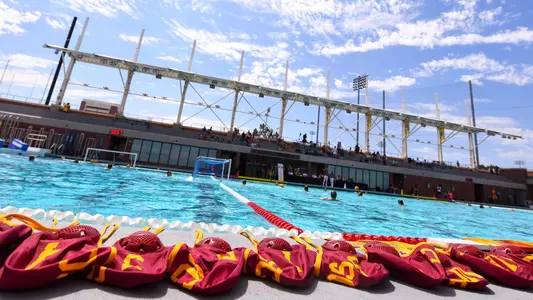 Water polo caps on deck at Uytengsu Aquatics Center