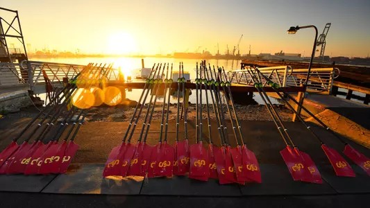 USC oars on dock at Port of Los Angeles