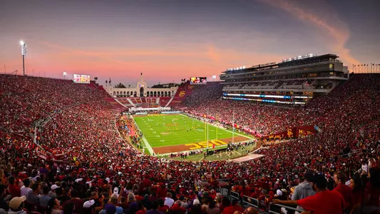 The Los Angeles Memorial Coliseum at dusk.