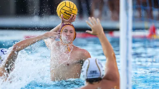 Chase Landa looks to score one of his three goals vs. CBU at Uytengsu Aquatics Center