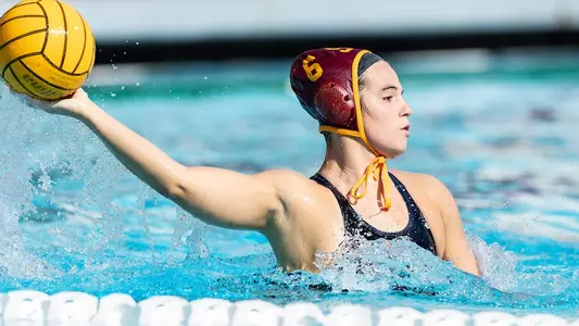 Maggie Johnson looks to pass in a game at Uytengsu Aquatics Center.