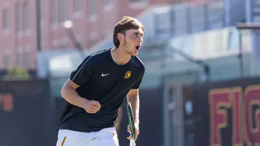 USC Men's Tennis Freshman Nathan Trouve Celebrates With Doubles Partner Matteo Morazzi vs. UC Irvine