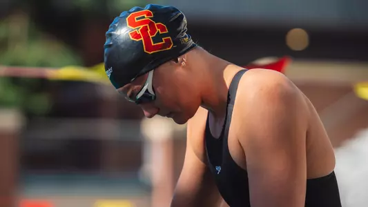 Marlene Kahler bows her head in preparation for a start in the pool