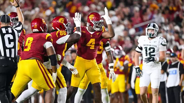 USC Trojans Football defensive lineman Jahkeem Stewart celebrates against Michigan State Spartans