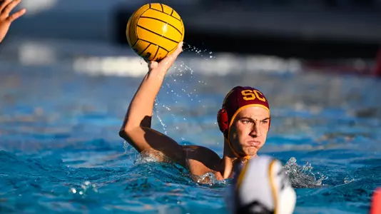 USC men's water polo player takes aim at the goal in a game at Uytengsu Aquatics Center