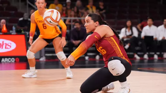 USC women's volleyball libero and defensive specialist Gala Trubint passes the ball during a match against California at Galen Center