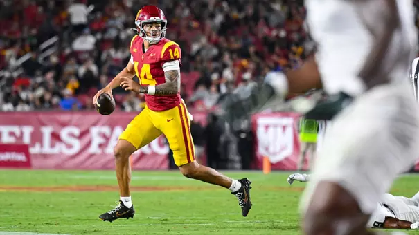 USC QB Jayden Maiava escapes the pocket.