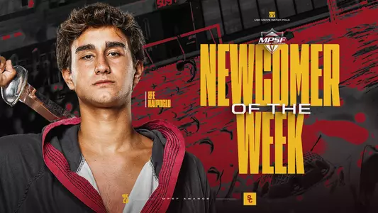 USC men's water polo freshman Efe Naipoglu MPSF Newcomer of the Week award graphic