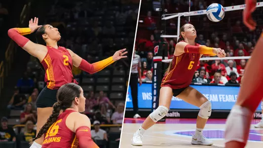 London Wijay attacks and Taylor Deckert passes a ball in a split graphic to celebrate their Big Ten weekly awards