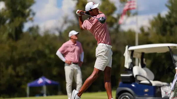 USC Men's Golf's Nicolas Dominguez hits a tee shot with a driver.