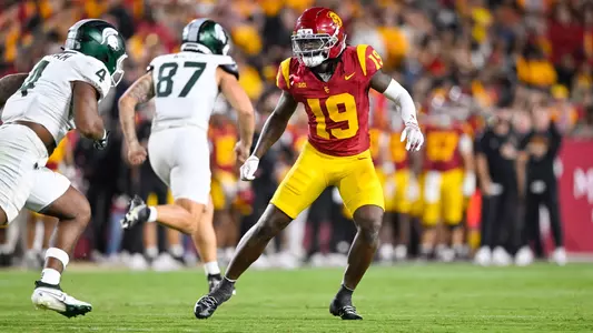 US S Bishop Fitzgerald reads the Michigan State offense and prepares to make a play.