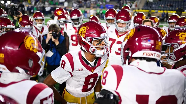 USC Trojans Football wide receiver Ja'Kobi Lane leads pregame huddle against Notre Dame Fighting Irish