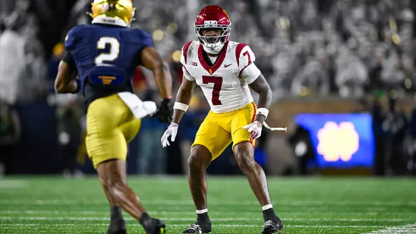 USC Trojans Football safety Kamari Ramsey in coverage against Notre Dame Fighting Irish