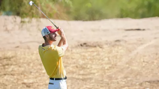 Luke Stock of USC men's golf takes a swing during his 2025 season.
