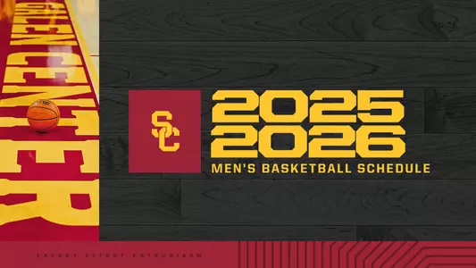 Graphic announcing USC Men's Basketball 2025-26 Schedule with times and TV networks