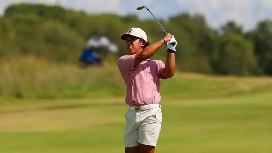 Jaden Dumdumaya finishes a swing during the final round of the Trinity Forest Invitational.