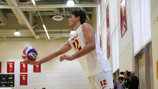 USC men's volleyball sophomore outside hitter Sterling Foley gets ready to serve the ball against CSUN