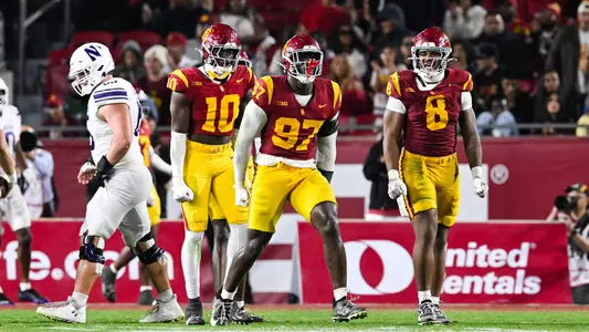 USC Trojans Football defensive lineman Jide Abasiri celebrates sack against Northwestern Wildcats