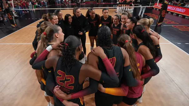 USC Women's Volleyball huddles against Nebraska
