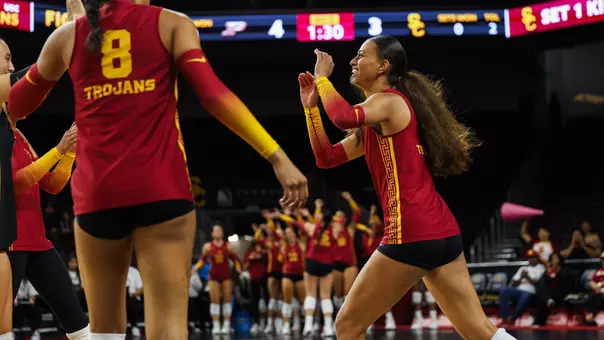 USC women's volleyball outside hitter Adonia Faumuina celebrates a point during a match at Galen Center