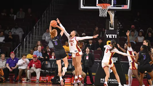 Kennedy Smith blocks a shot during USC's game against Portland
