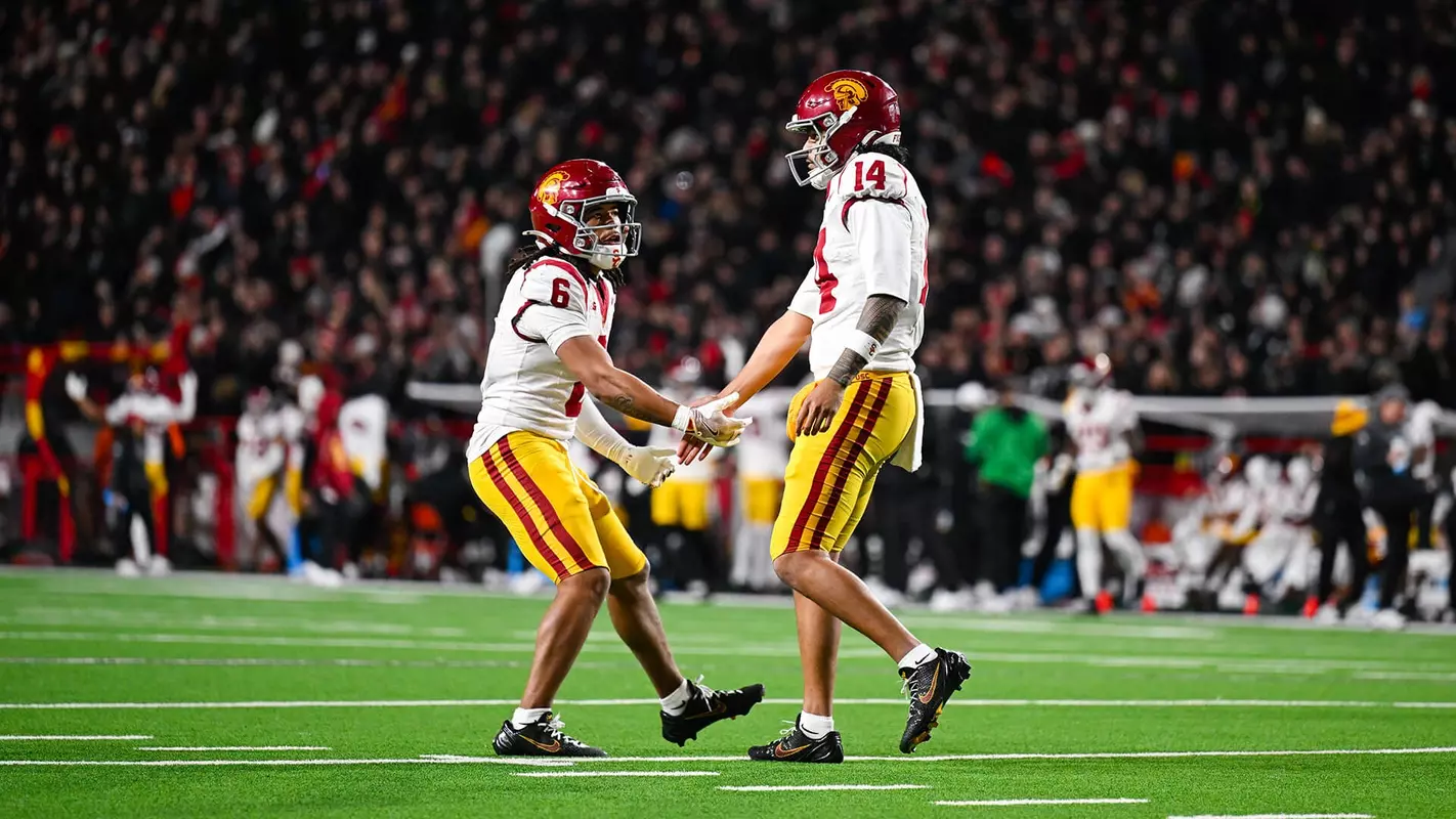 USC Trojans Football's Jayden Maiava and Makai Lemon celebrate a touchdown vs. Nebraska Cornhuskers