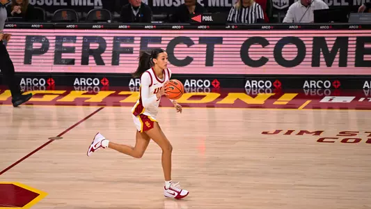 Jazzy Davidson brings the ball down court at the Galen Center