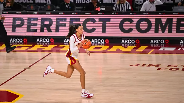 Jazzy Davidson brings the ball down court at the Galen Center