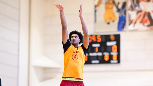 Alijah Arenas shooting during his first practice with USC Men's Basketball