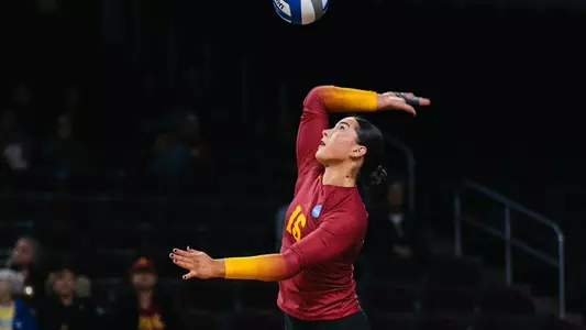 USC women's volleyball senior libero Gala Trubint serves the ball in a match against Princeton at Galen Center in the first round of the NCAA tournament