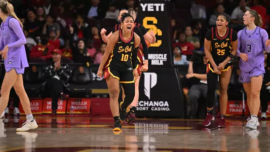 Malia Samuels Celebrates with a scream after USC beats Washington